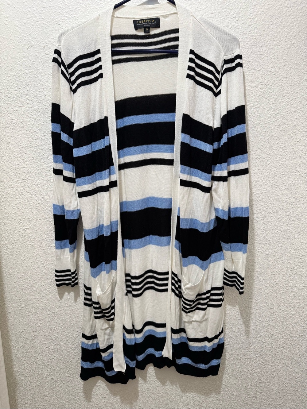 Joseph A Striped Open Cardigan in White, Black & Light Blue